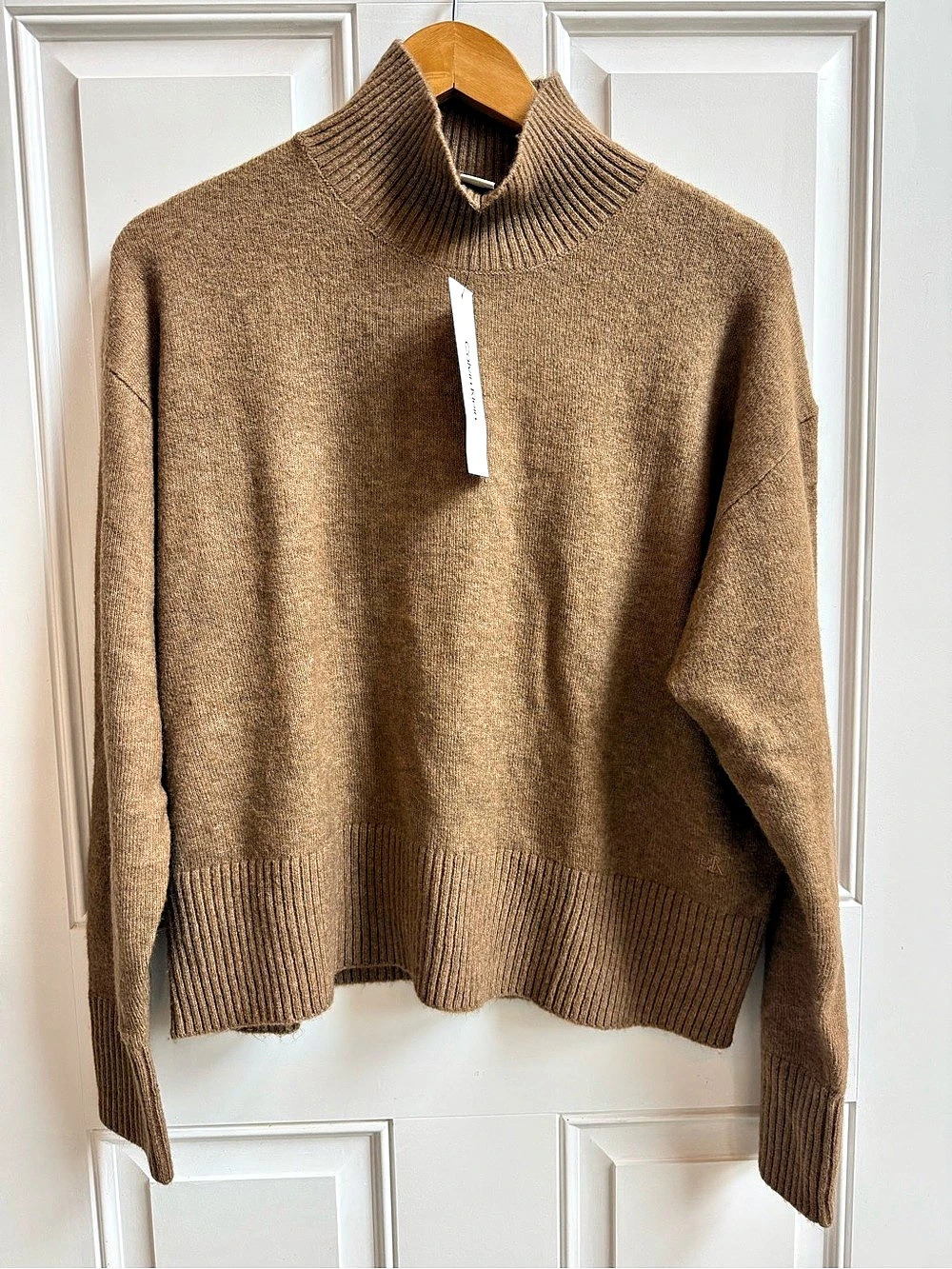 Calvin Klein Ribbed Relaxed Mock Neck Sweater Wool-Blend Camel Brown